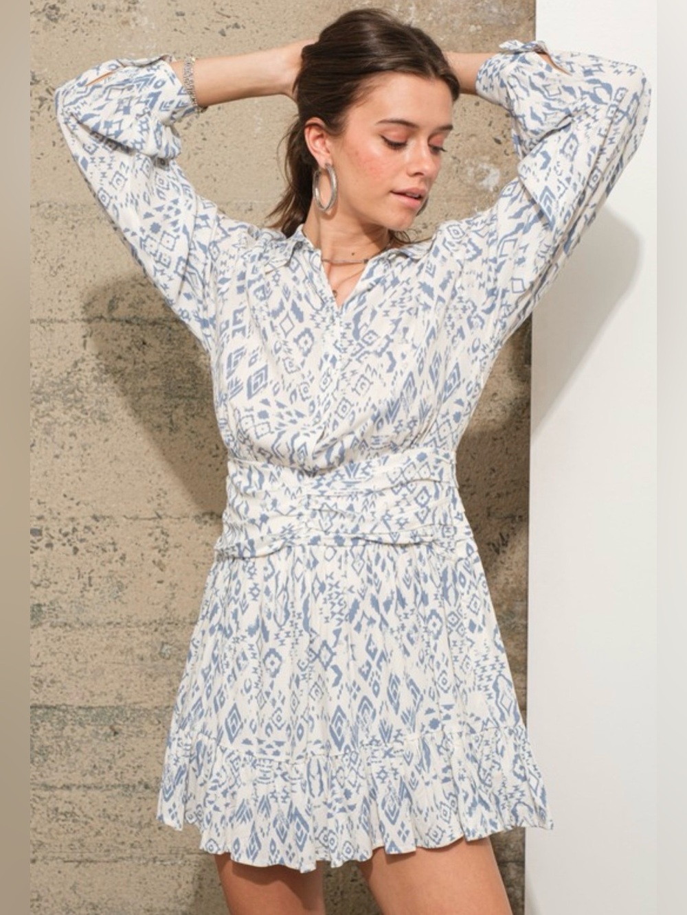 Blue & White Printed Long Sleeve Smocked-Waist Dress